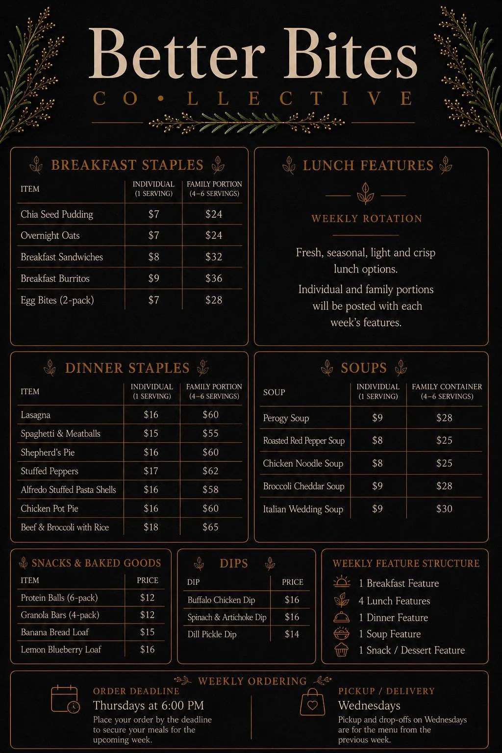 Better Bites Co.llective staples menu for Thunder Bay prepared meal orders